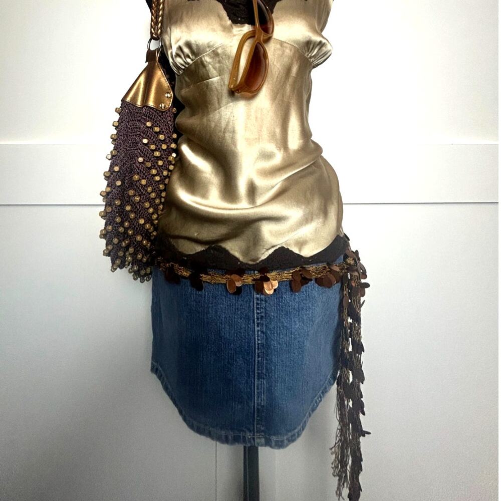 oho Mermaid Sequin Crochet Scarf Caramel Rayon Fringe Festival Y2K Layering Wrap